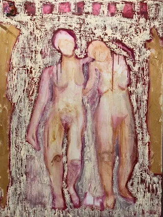 Cathy Breslaw Carrying On painting of 2 naked women