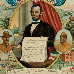 Abraham Lincoln holding the handwritten Juneteenth declaration